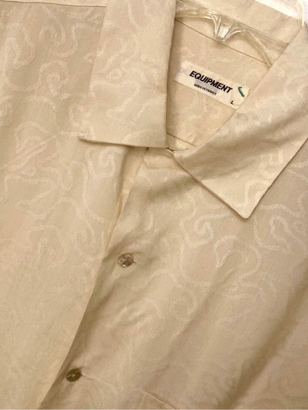 Vintage Mens’s EQUIPMENT Rayon Shirt Cream Tonal Print Size Large France